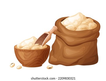 Soy flour in wooden bowl with seeds. Healthy gluten free food. Powde in organic product. Vector illustration isolated on white background.