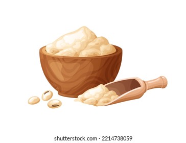 Soy flour in wooden bowl with seeds. Healthy gluten free food. Powde in organic product. Vector illustration isolated on white background.