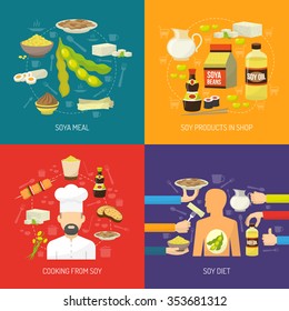 Soy food design concept set with soya products flat icons isolated vector illustration