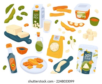 Soy food flat icons set. Vector illustration