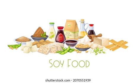 Soy food horizontal banner. Soybean, tofu skin, coagulated soy milk, tempeh, soy sprouts, miso, flour vector illustration.