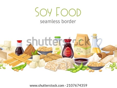 Soy food horizontal seamless frame border. Soybean, tofu skin, coagulated soy milk, tempeh, soy sprouts, miso, flour vector illustration.