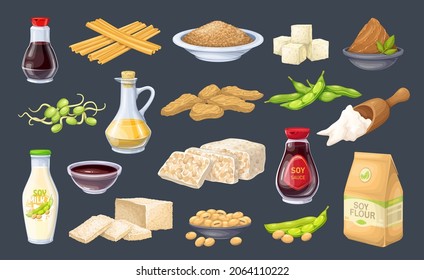 Soy food icon. Soybean, tempeh, soy sprouts, tofu skin, coagulated soy milk, miso, flour and ets.