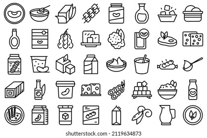 Los iconos de la comida de soja configuran el vector de contorno. Soja de leche. Beber comida