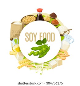 Soy food label with milk, sauce, meat, tofu, miso and so. Vector illustration, isolated on white, eps 10.