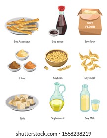 Soy food, oriental cuisine, cooking ingredient and vegan menu isolated dishes vector. Asparagus and sauce, flour and miso, soybean and meat, tofu and oil, milk. Vegetarian products, organic meals