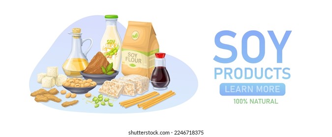 Soy food products design template vector illustration. Cartoon vegetarian milk and oil in bottle, tempeh and tofu, soybeans in bowl, natural soy ingredients for Asian cuisine in advertising banner