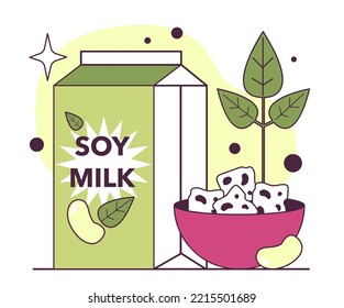 Alimentos de soja. Leche de soja y tofu. Comida vegetariana, ingrediente de cocina asiática. Una dieta saludable con nutrición y vitaminas. Ilustración vectorial plana