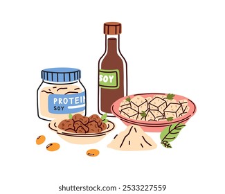 Productos alimenticios de soja. Productos veganos de soja. Proteína vegetariana saludable, ingredientes de origen vegetal. Salsa de soja natural de verduras, carne de soja, frijoles. Ilustración vectorial plana aislada sobre fondo blanco