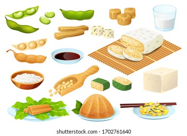 Soy food set isolated on white, vegetarian protein meal, healthy diet collection, vector illustration. Asian cuisine soy bean products, tofu cheese, vegan chinese menu. Organic legume culinary dishes