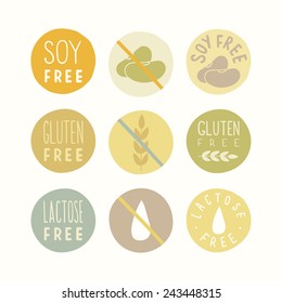 Soy free, gluten free, lactose free vector signs set