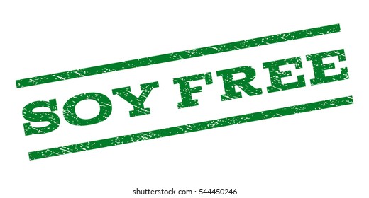 Soy Free watermark stamp. Text caption between parallel lines with grunge design style. Rubber seal stamp with scratched texture. Vector green color ink imprint on a white background.