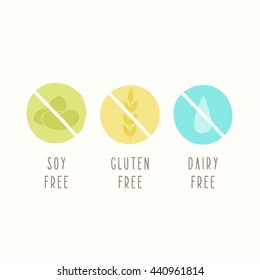 Soy, gluten, dairy free. Set of signs. Can be used for packaging design. Vector 