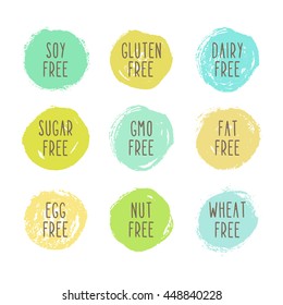 Soy, gluten, dairy, sugar, gmo, fat, egg, nut, wheat free. Set of badges. 