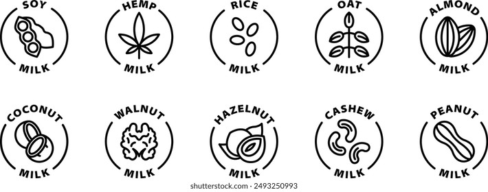 soy hemp rice oat almond coconut walnut hazelnut cashew peanut milk black outline icon label isolated on transparent background