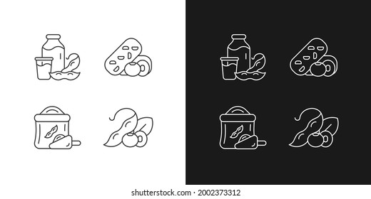 Soy meals linear icons set for dark and light mode. Organic soybean based flour. Vegetable snacks. Customizable thin line symbols. Isolated vector outline illustrations. Editable stroke