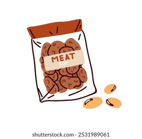 Soy meat product. Vegan plant-based protein alternative, soya pieces in bag package. Healthy vegetarian soybean food, veg soja produce in pack. Flat vector illustration isolated on white background