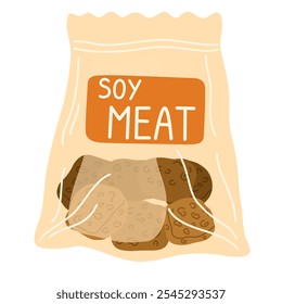 Producto cárnico de soja. Alternativa de proteína de origen vegetal vegana, piezas de soja en paquete de bolsa. Saludable comida vegetariana de soja, vegetales de soja en paquete. Ilustración vectorial plana aislada sobre fondo blanco