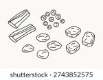 Soy meat products. Plant-based substitutes set, chunks and strips. Hand drawn doodle illustration of various vegan proteins.
Line art sketch of meat alternatives for vegetarian and vegan diets 
