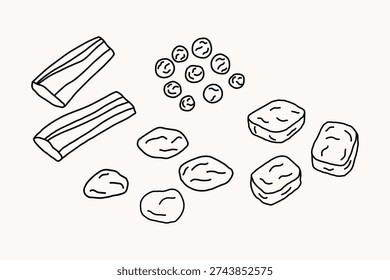 Soy meat products. Plant-based substitutes set, chunks and strips. Hand drawn doodle illustration of various vegan proteins.
Line art sketch of meat alternatives for vegetarian and vegan diets 
