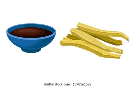 Soy Meat or Textured Soy Protein and Soy Sauce in Bowl Vector Set