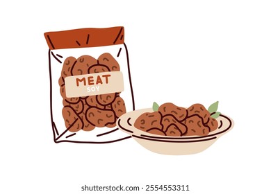 Soy meat. Vegan plant-based food in bag package and served in bowl. Vegetarian protein snack, dish. Healthy natural eating, soya product. Flat vector illustration isolated on white background