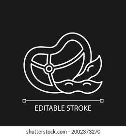 Soy meat white linear icon for dark theme. Natural vegetable protein. Vegeterian meat types. Thin line customizable illustration. Isolated vector contour symbol for night mode. Editable stroke