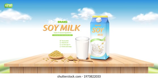 Soy milk ad with wooden cup, spoon, soy beans and glass on wooden table, landscape background