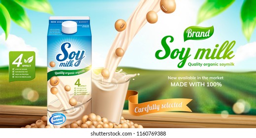 Soy milk ads with liquid pouring down into glass cup on bokeh green field background in 3d illustration