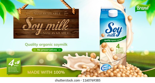 Soy Milk Ads With Liquid Swirling Around The Carton Box And Wooden Sign Hanging In The Air On Bokeh Green Field Background In 3d Illustration