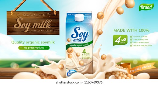 Soy milk ads with splashing liquid and wooden sign hanging in the air on bokeh green field background in 3d illustration