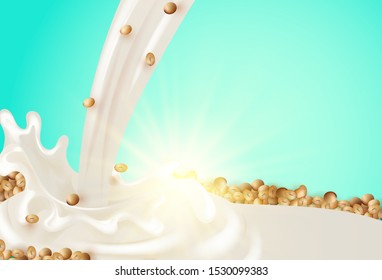 Soy Milk Banner, splash Natural Diet Drink of Whole Soy Beans , Source of Protein and Vitamin,Lactose Free, Package Design, Realistic 3d Vector Illustration , Advertising Poster