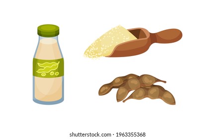 Soy Milk in Bottle and Pod with Raw Beans Vector Set