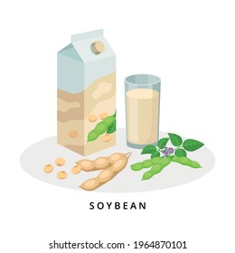 Soy milk in box and glass. Plant milk, vegan milk concept. Vector illustration isolated on white background. Alternative milk and ingredients. 