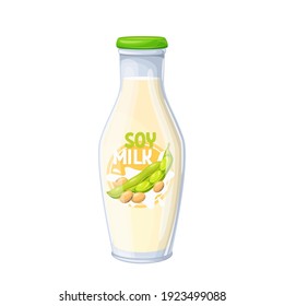 Soy milk in a glass bottle. Healthy food vector illustration for design vegetarian diet.