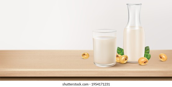 Soy milk with glass of milk and Bottle mock up isolated on wooden table background. Realistic vector in 3D elements.