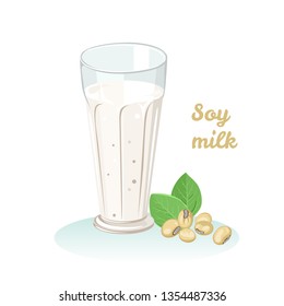 Soy milk in a glass isolated on white background. Soy beans and green leaves. Vector illustration of healthy vegan drink in cartoon simple flat style.