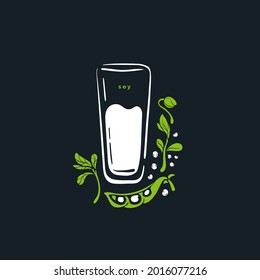 Soy milk in glass. Vector sketch symbol. Nature sprout, green leaves, fresh beans. Art illustration. Healthy ingredient, organic protein