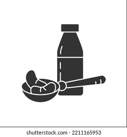 Soy milk glyph icon. Superfood. Organic healthy energetic food for balanced nutrition. Detox and weight loss supplements. Vegetarian food.Filled flat sign. Isolated silhouette vector illustration