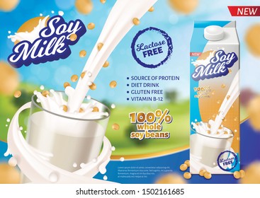 Soy Milk Horizontal Banner, Natural Fortified Diet Drink of Whole Soy Beans, Source of Protein and Vitamin, Gluten and Lactose Free, Advertising Poster, Package Design Realistic 3d Vector Illustration