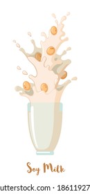 Soy milk icon in flat style isolated on white background. Soy beans in splash milk. Healthy drink. Vector illustration