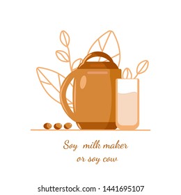 Soy milk maker, soy beans and glass. Vector illustration.