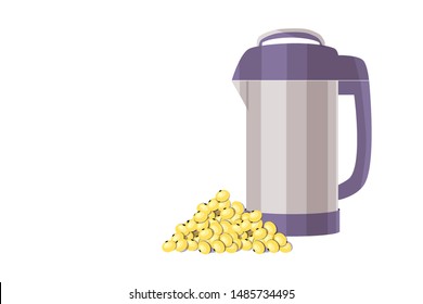 Soy milk maker and soy beans - modern kitchen device for making lactose-free natural milk for vegetarians, vegans and people with lactose intolerance. Flat vector illustration