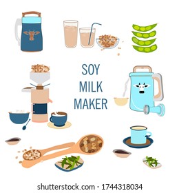 Soy milk maker or soy cow hand drawn doodle vector set. Organic drink, vegan milk,soybeans, vegan products and different types grain blending machine. Every objects are isolated. Poster for cafe menu