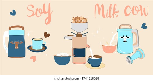 Soy milk maker or soy cow kitchen devices hand drawn doodle set. Organic drink, vegan milk,soybeans, tofu and different types grain blending machine. Every objects are isolated. Poster for cafe menu