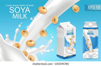 Sojamilch mit Splash-Vektorillustration realistisch besprochen. Produktplatzierung von Milchkisten. Etikettendesign. 3d detaillierte Bohnen. Blaue Hintergründe