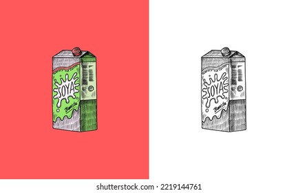 Soy milk in a package. Detailed vegetarian food and leaves drawing. Hand drawn sketch illustration for menu, label, icon or poster.