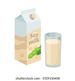 Soy milk package and soy milk in glass. Soybean product - vector illustration isolated on white background.