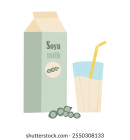 Soy milk package and soy milk in glass. Soybean product - vector illustration isolated on white background.