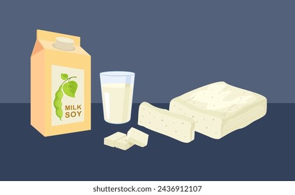 Soy milk package, soybeans, tofu and soy milk in glass. Soybean product. Feta cheese. Healthy food.  Vector illustration isolated on a dark background